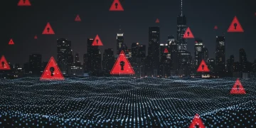 Futuristic digital network with cybersecurity threats looming over U.S. businesses