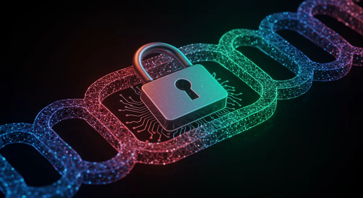 Padlock and blockchain graphic symbolizing advanced data encryption and secure infrastructure.