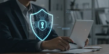 AI-powered cybersecurity shield protecting a small U.S. business in 2025