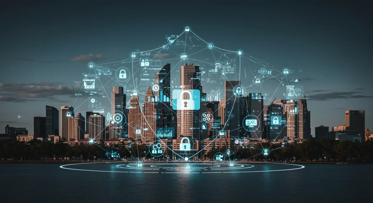 Conceptual image of a secure U.S. business network with AI-driven threat prevention.