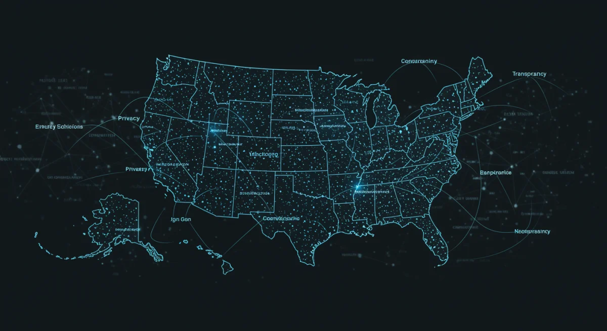 Complex digital network illustrating AI governance challenges across the U.S.