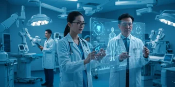 Doctors using AI to analyze patient data for personalized treatment plans in a modern clinic.