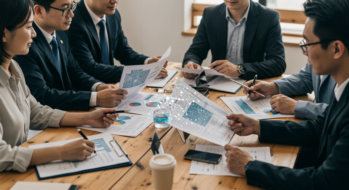 Diverse experts collaborating on AI policy and ethical guidelines