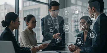 Business leaders strategizing AI regulatory compliance in a modern office