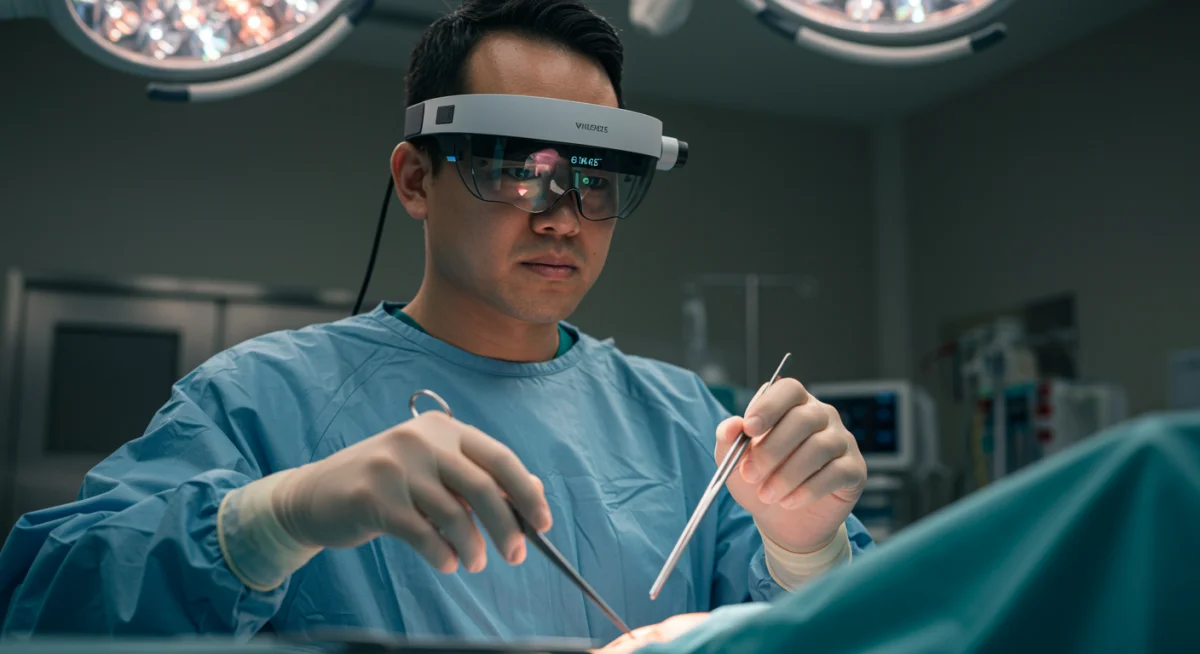 Medical professional using AR glasses for remote surgery, highlighting 6G's impact on U.S. healthcare.