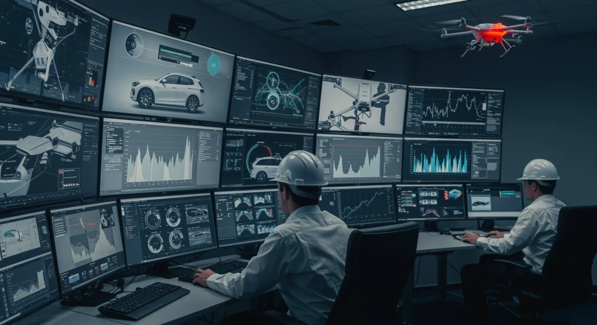 Engineers monitoring autonomous system performance and safety data