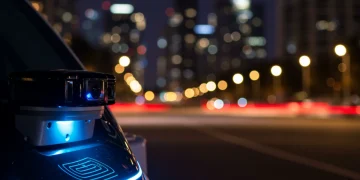 Futuristic autonomous vehicle lidar sensor navigating urban environment