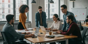 Professionals collaborating in a modern office, symbolizing balanced digital work