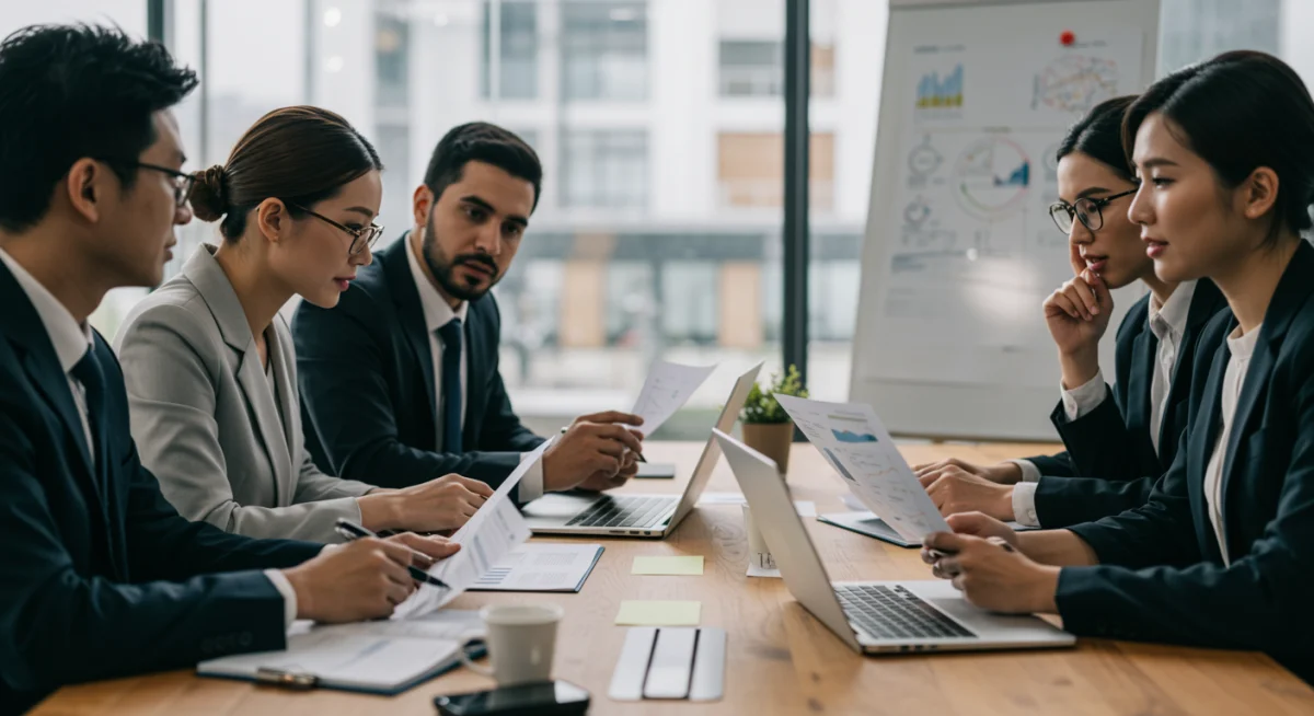 Business professionals strategizing on adapting to new digital services regulations and policy changes.