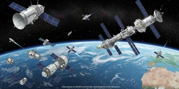 Illustration of commercial space activities in low Earth orbit by 2027, featuring U.S. companies.