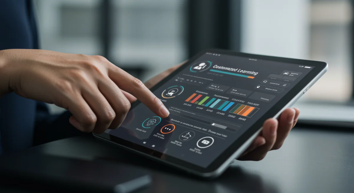 Hand interacting with customized learning dashboard on tablet