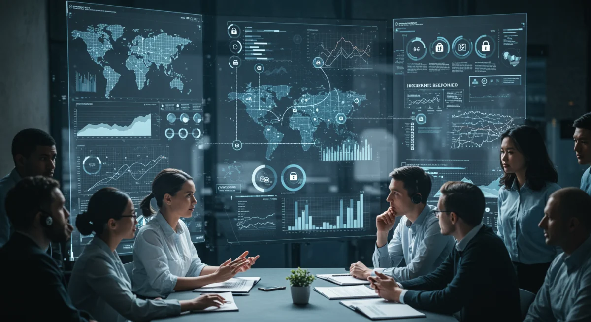 Cybersecurity incident response team collaborating during a crisis.