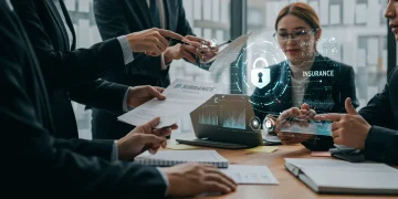 Business team reviewing cyber insurance policies on a digital interface in 2025.