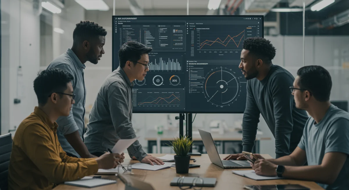 Cybersecurity team collaborating on risk assessment and compliance reports in a modern office.