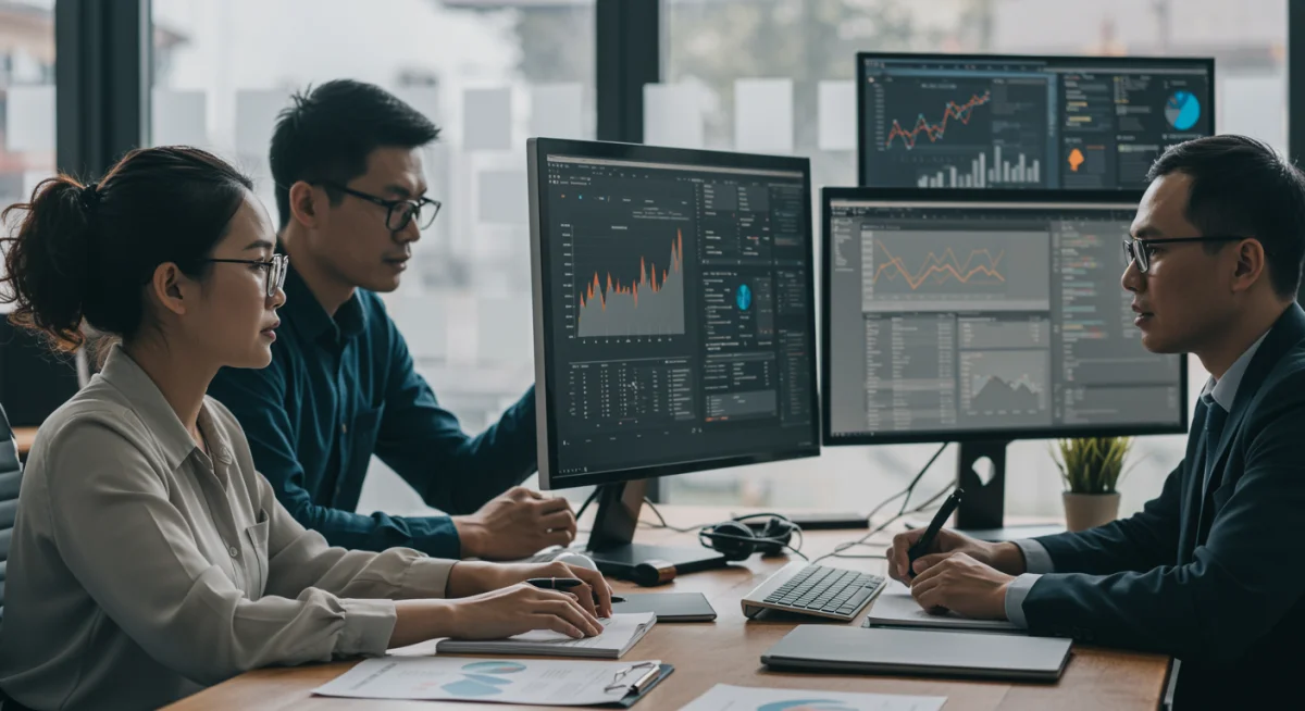 Cybersecurity team analyzing compliance data and federal guidelines