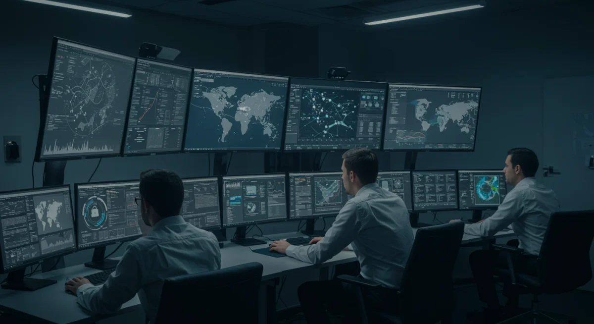 Cybersecurity team actively monitoring systems in a secure operations center, demonstrating proactive defense and incident response.
