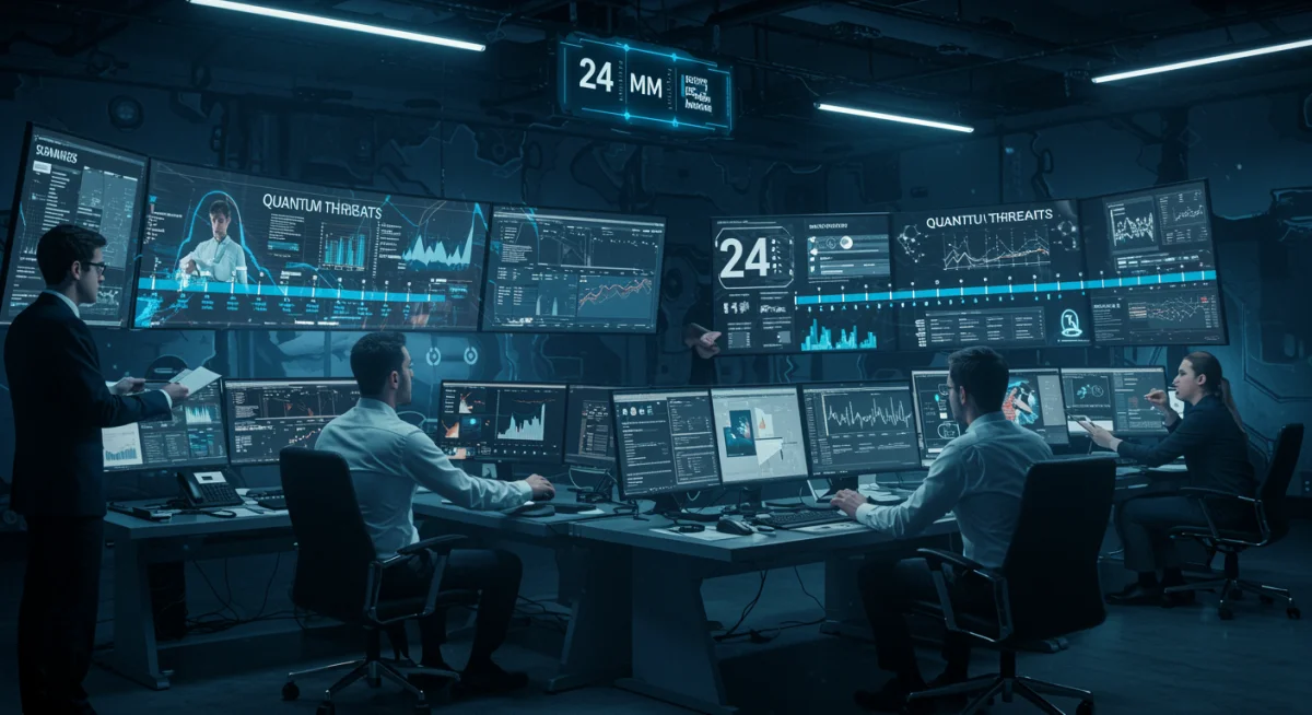 Cybersecurity team collaborating on quantum threat mitigation strategies.
