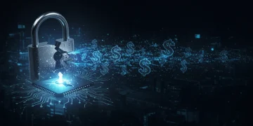 Illustration of a broken digital padlock over circuit board with dollar signs, representing financial impact of data breach on U.S. companies.