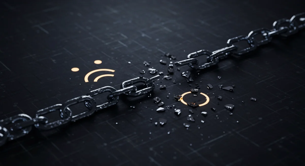 Graphic depicting data breach impact, broken chains, and scattered data, symbolizing cybersecurity failures.