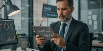 US recruiter analyzing data-driven talent acquisition metrics on a tablet