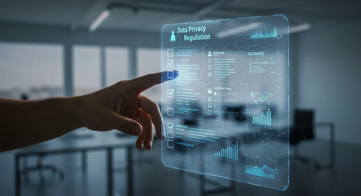 Hand interacting with data privacy compliance interface