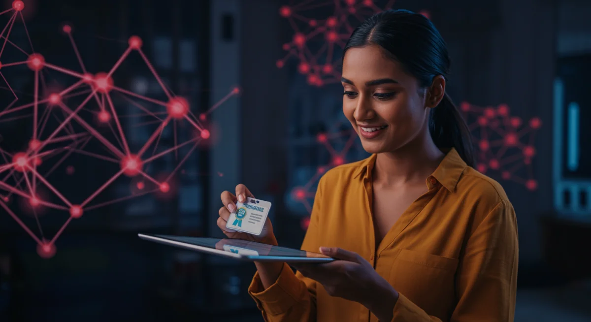 Digital badge awarded for completing a micro-credential program, symbolizing new skills.