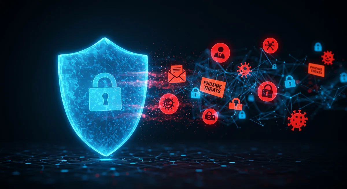 Digital shield protecting a network from various cyber threats.