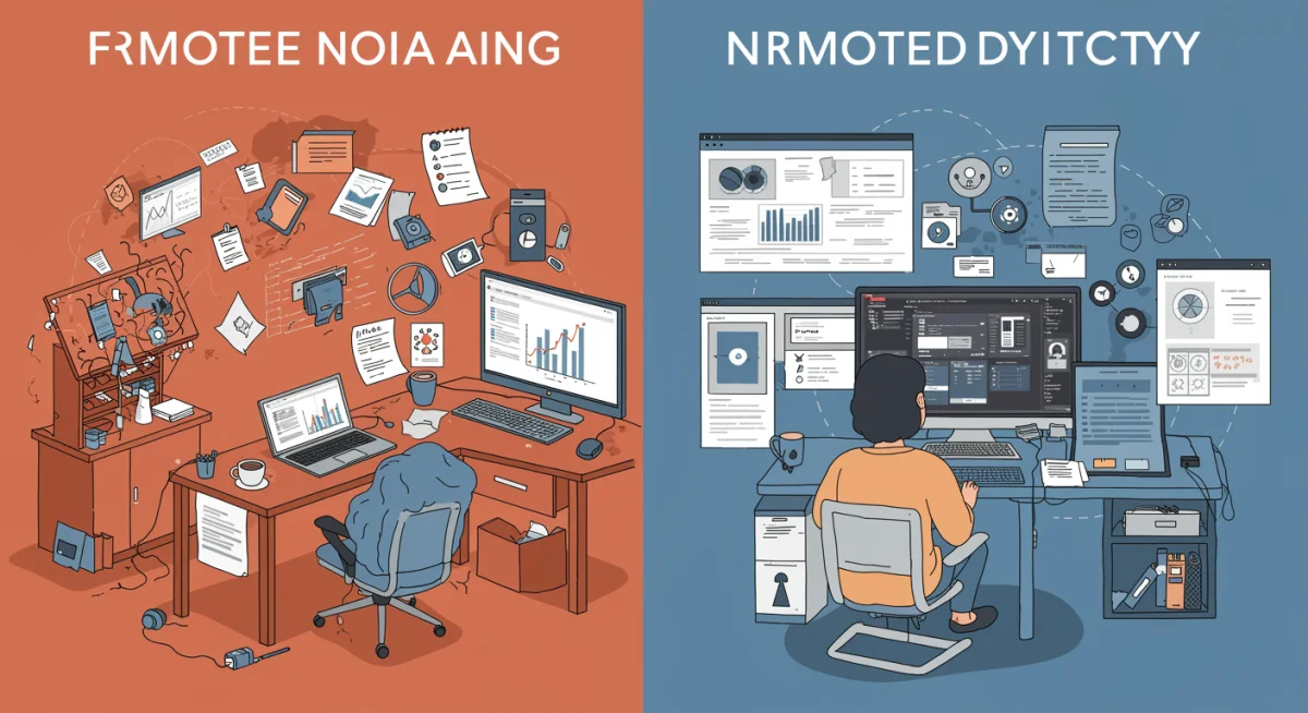 Visual representation of disorganized versus organized remote work environments.
