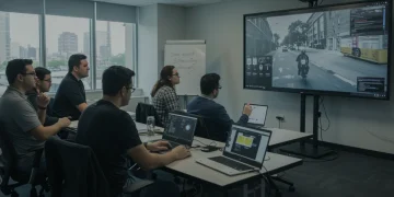 Employees engaged in a cybersecurity training session in a modern office environment.