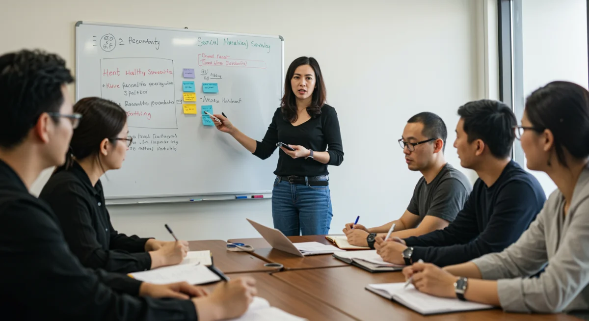 Employees at a mental health workshop, engaging in discussions and learning coping mechanisms.