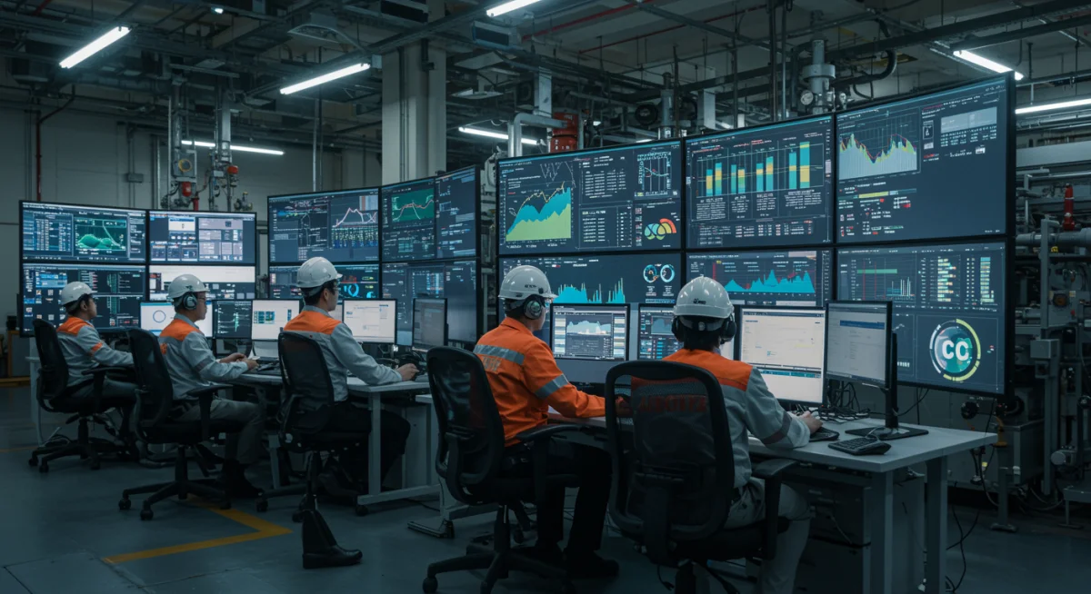 Engineers monitoring energy efficiency in a manufacturing control room