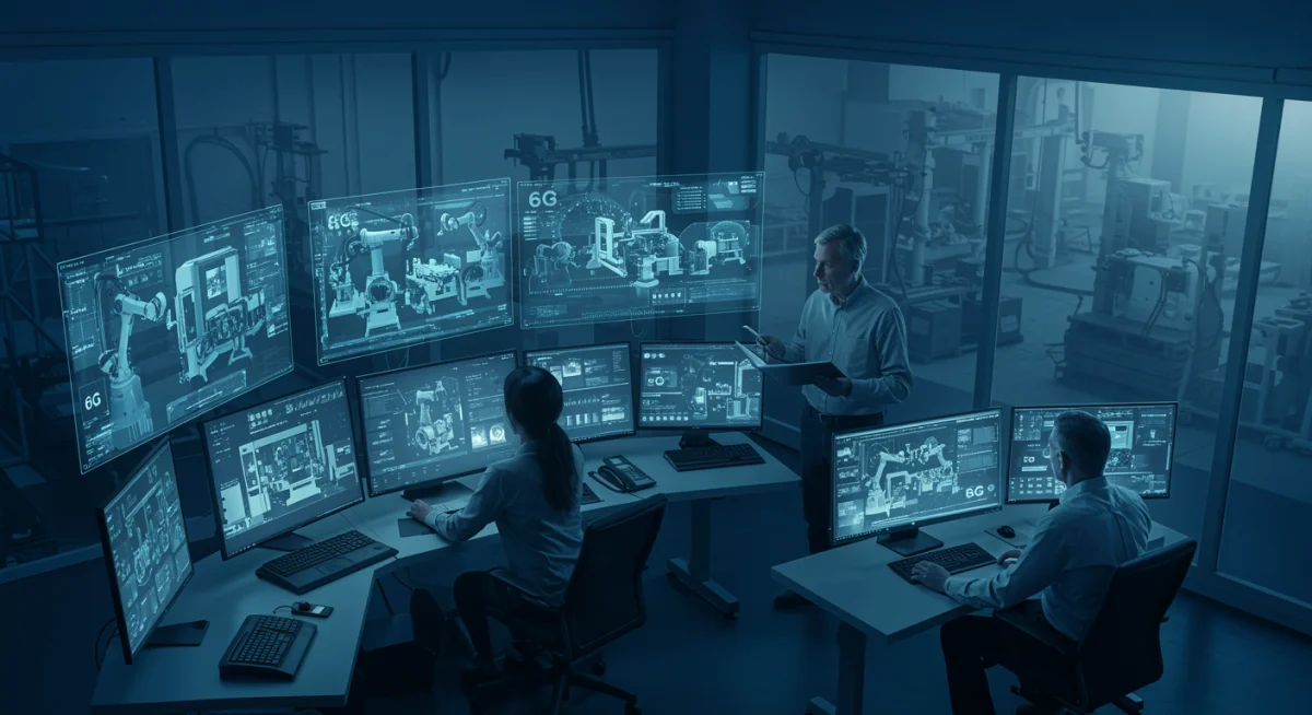 Engineers observing holographic industrial displays, symbolizing 6G integration for U.S. manufacturing efficiency.