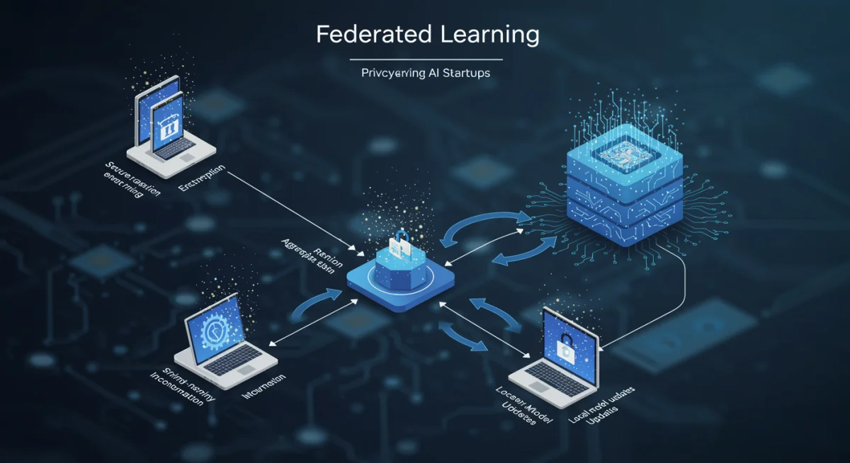 Federated learning network with secure data exchange for AI startups.
