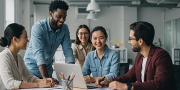 Happy employees collaborating in a modern office, representing success of a four-day work week.