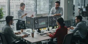 Professionals collaborating on future-proof skills in a dynamic office