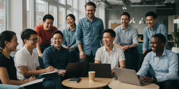 Diverse employees collaborating in a modern office, symbolizing the future of work and evolving benefits.