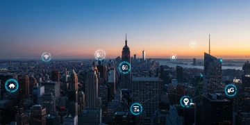 Futuristic cityscape with glowing data streams, representing the dawn of 6G connectivity and its impact on U.S. industries.