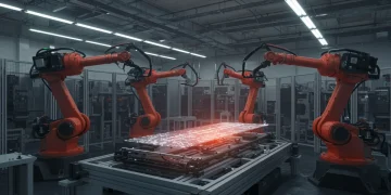 Robotic arms working with advanced materials in a high-tech manufacturing facility in the US.