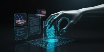 Digital hand scanning fingerprint with legal overlays, symbolizing US biometric data protection laws.