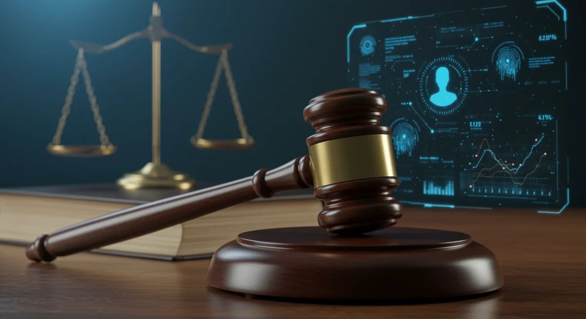 Legal gavel on law books with background digital biometric data interface.
