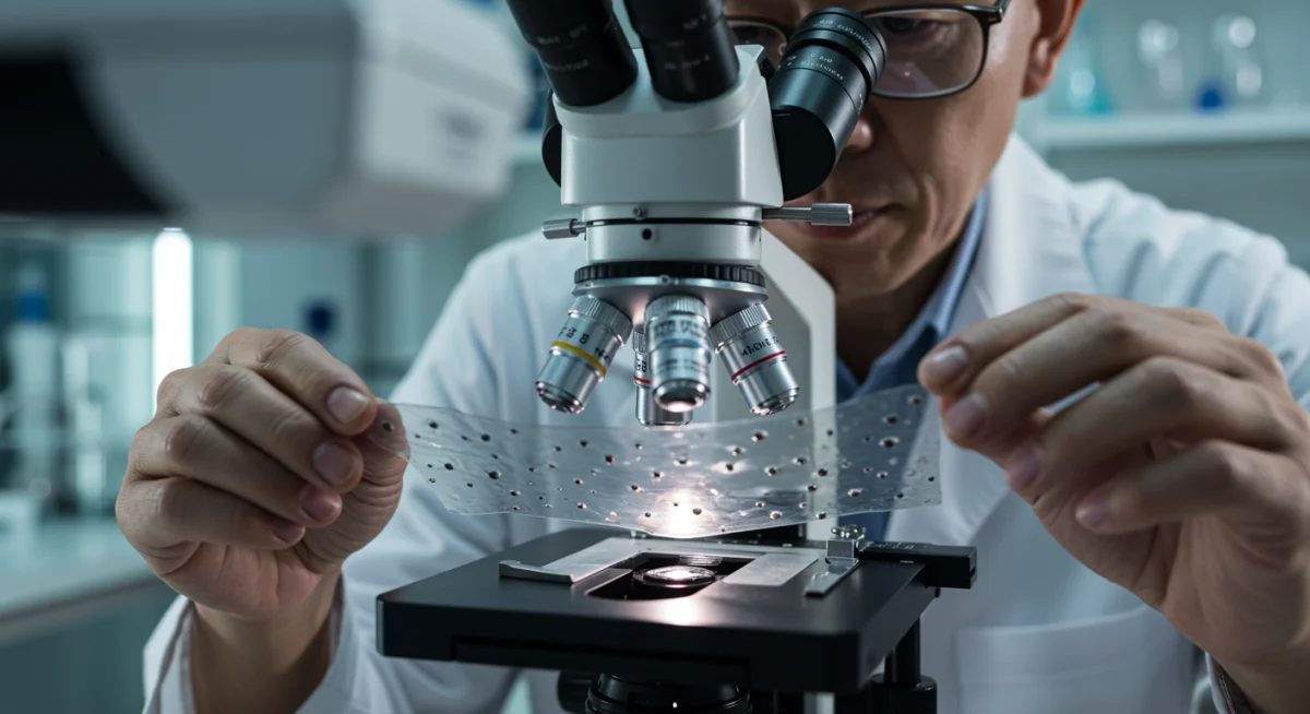 Scientist examining graphene under a microscope in a research laboratory.