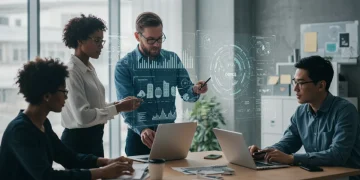 Professionals collaborating on green technology projects in a sustainable office environment, highlighting career advancement.