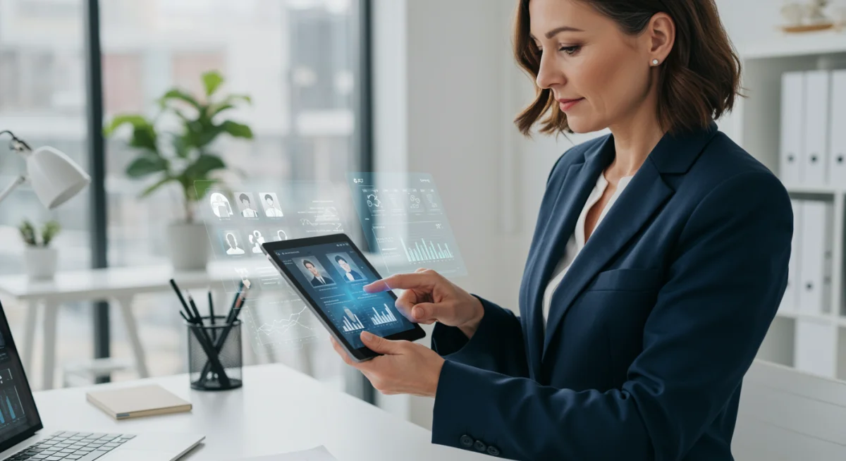 HR professional reviewing AI-generated candidate insights on a tablet.
