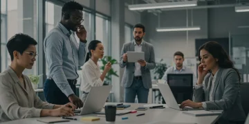 Hybrid Work Models: US Corporate Approaches & 2024 Productivity Professionals collaborating in a modern hybrid office setting, blending in-person and remote work.