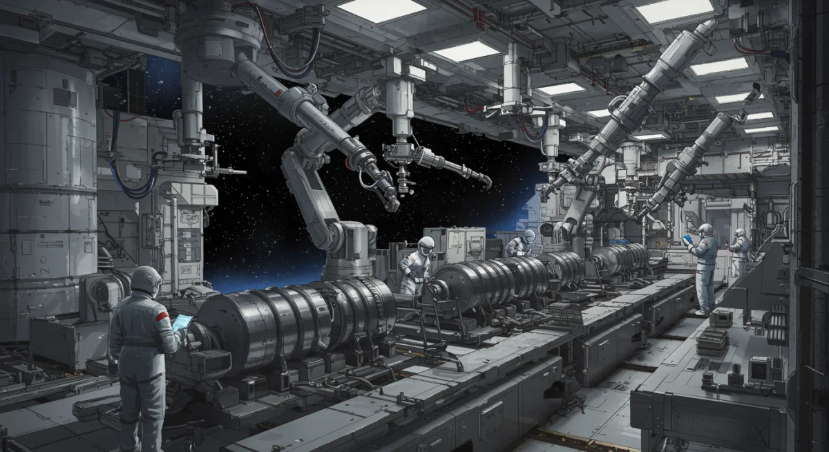In-space manufacturing facility in low Earth orbit, demonstrating advanced robotic assembly and production.