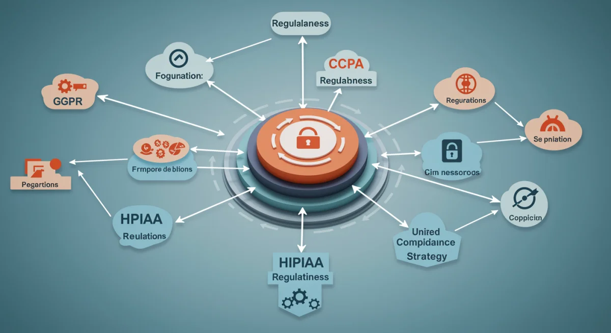 Complex diagram showing interconnected compliance frameworks like GDPR, CCPA, and HIPAA, highlighting regulatory complexity.