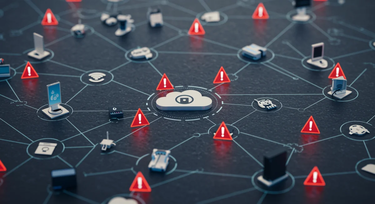 Complex network diagram of IoT devices with cyber threat warnings.