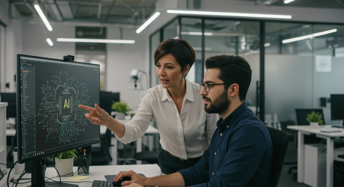 Manager mentoring employee on AI system