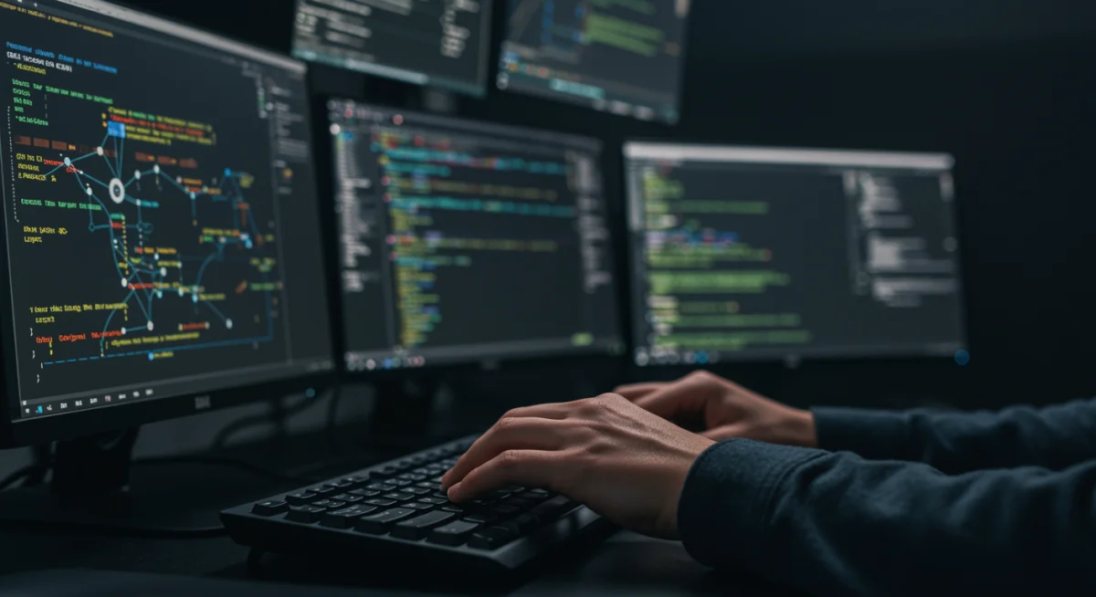 Cybersecurity analyst performing manual penetration testing on a complex network infrastructure.