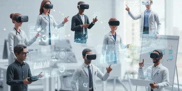 Professionals collaborating in a futuristic metaverse workspace, showing enhanced digital interaction.